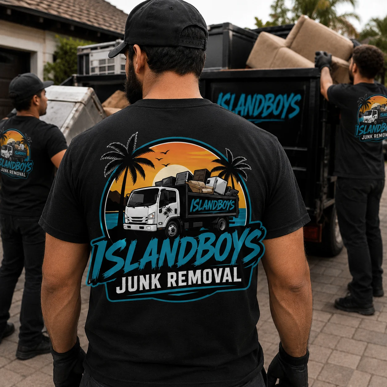 Island Boys crew loading furniture into a junk removal truck